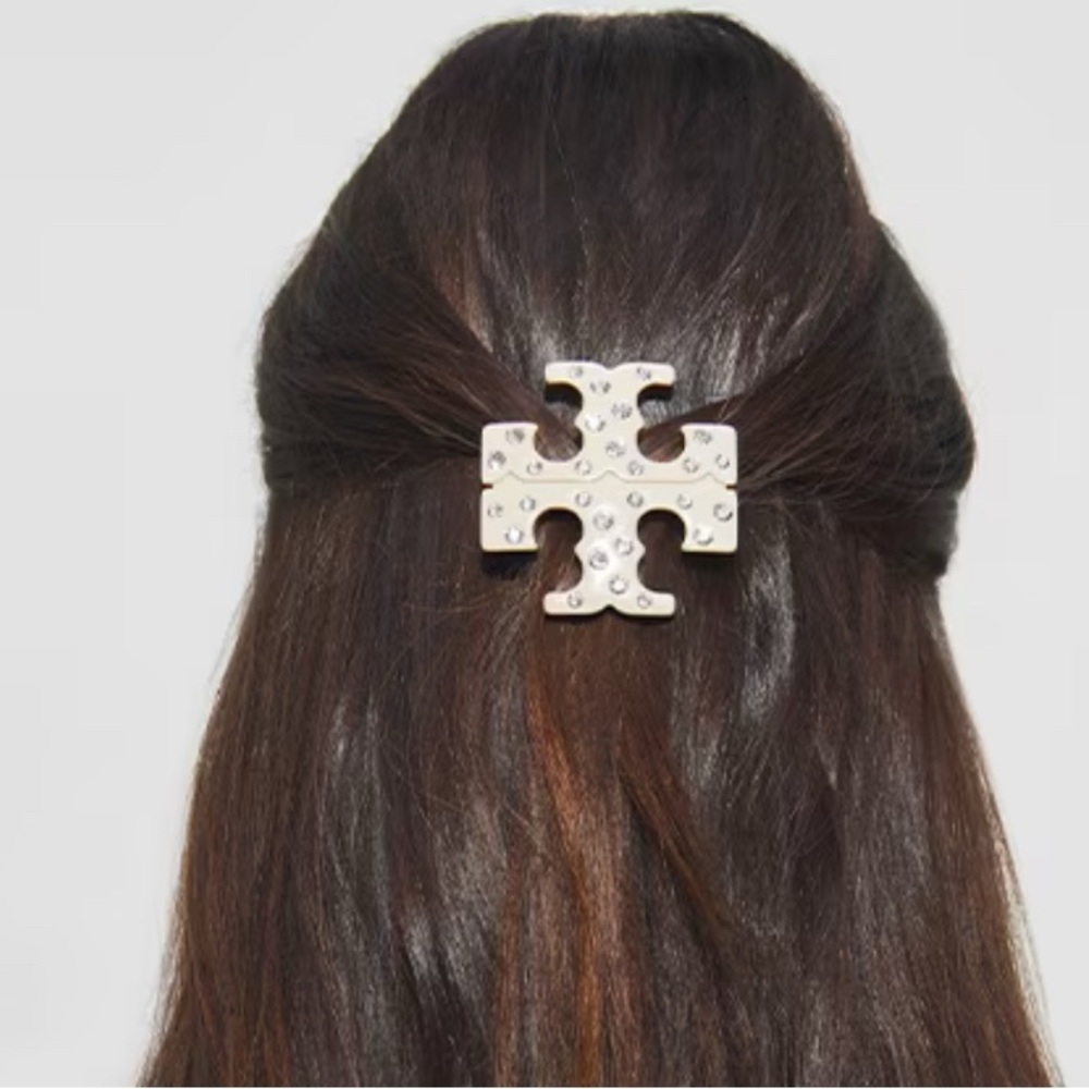 $295 New, Authentic TORY BURCH White Hair Pin Clasp Fastener TB Logo Crystals